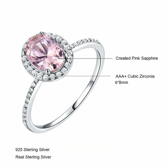 NWT Pink Sapphire Ring Sz.8 S925 Silver Halo Oval Solitaire Quiet Luxury Glam - Picture 5 of 10